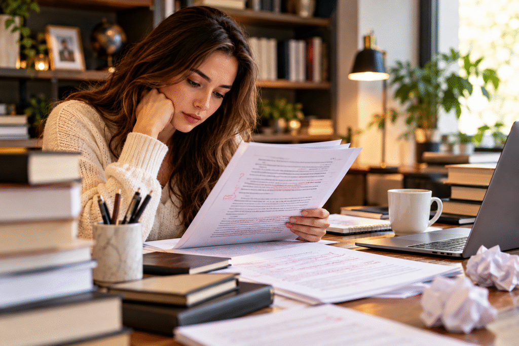 Author reviewing a manuscript and identifying editing problems before publication