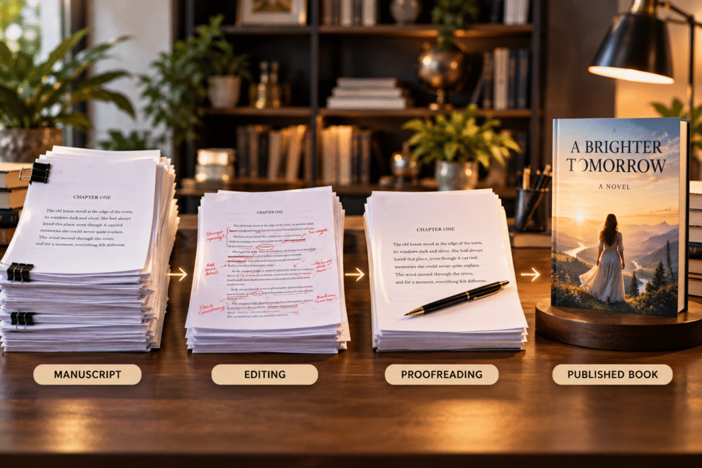 Manuscript editing and proofreading process from draft to published book