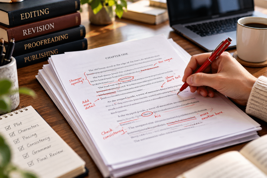 Editor reviewing manuscript pages with proofreading corrections and editing notes
