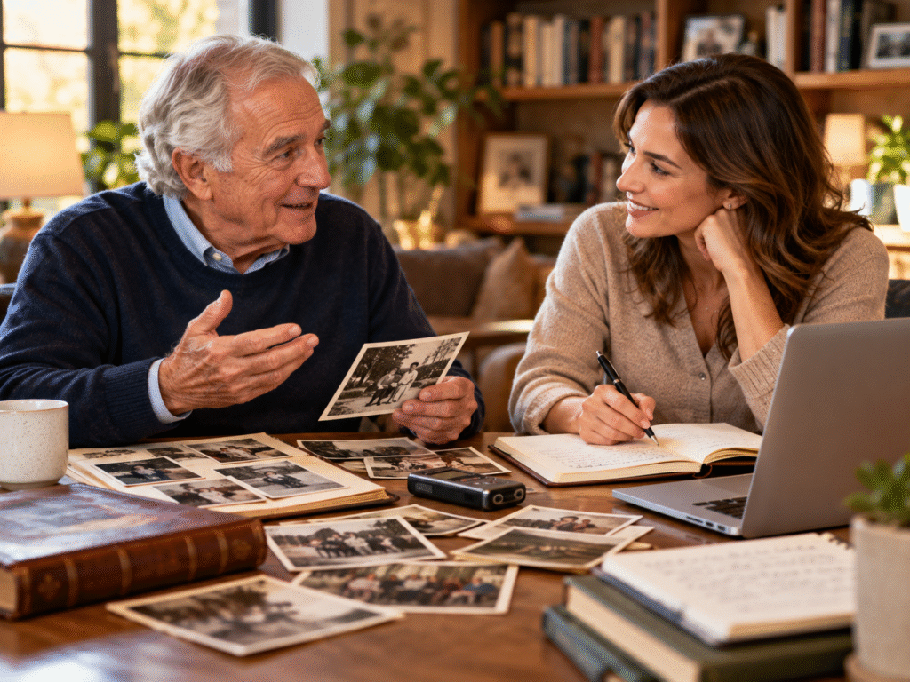 Older man sharing family photographs and life memories with a professional writer at a table with notebook and laptop for autobiography writing services