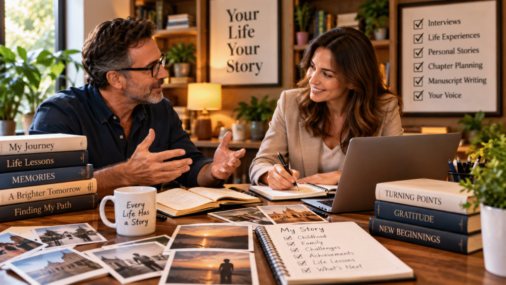 Memoir ghostwriter interviewing an author at a desk with personal photographs, notebooks, books, and a laptop while planning life stories, memories, and manuscript chapters.