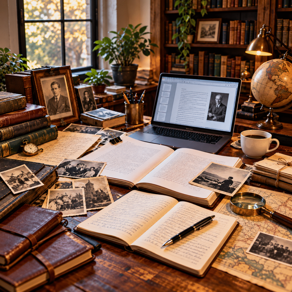Biography writing workspace with archival photographs, historical documents, open notebooks, research materials, laptop, maps, and books arranged for life story research and manuscript development.