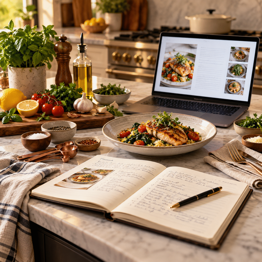 Professional cookbook writing workspace with an open recipe manuscript, plated dish, fresh ingredients, measuring tools, and laptop displaying cookbook pages.