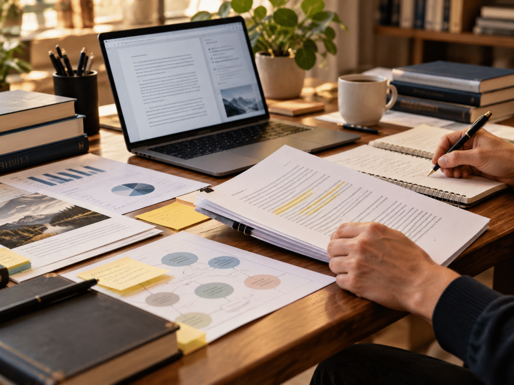 Nonfiction manuscript workspace with research documents, charts, books, notes, laptop, and highlighted draft pages organized for professional ghostwriting and book development.