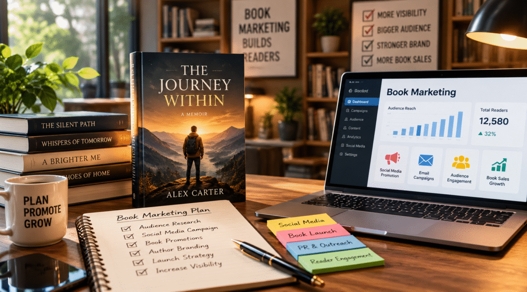 Book marketing workspace with a laptop showing campaign analytics, books, marketing planner, social media promotion notes, audience research, and author branding strategy.