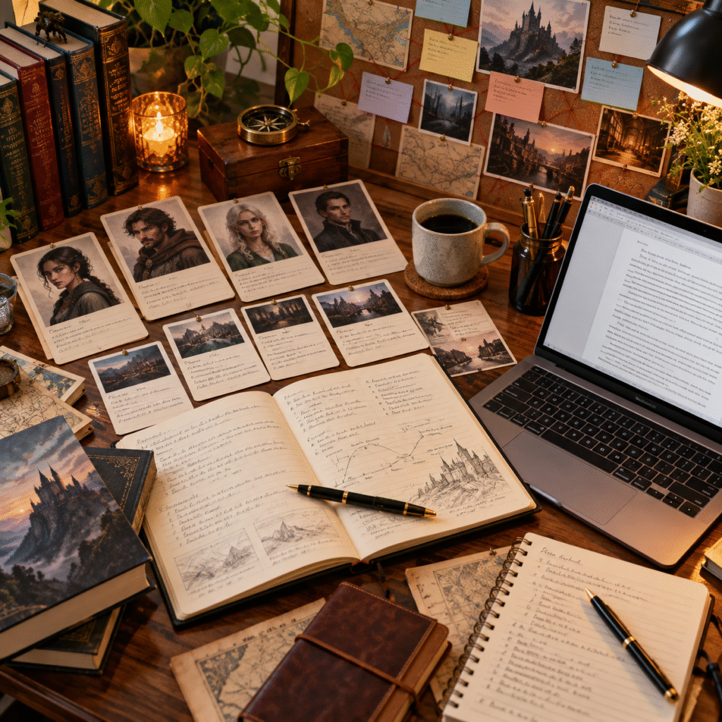 Novel writing workspace with character cards, story-map notes, scene references, open manuscript, laptop, fiction books, and worldbuilding materials for professional novel ghostwriting.