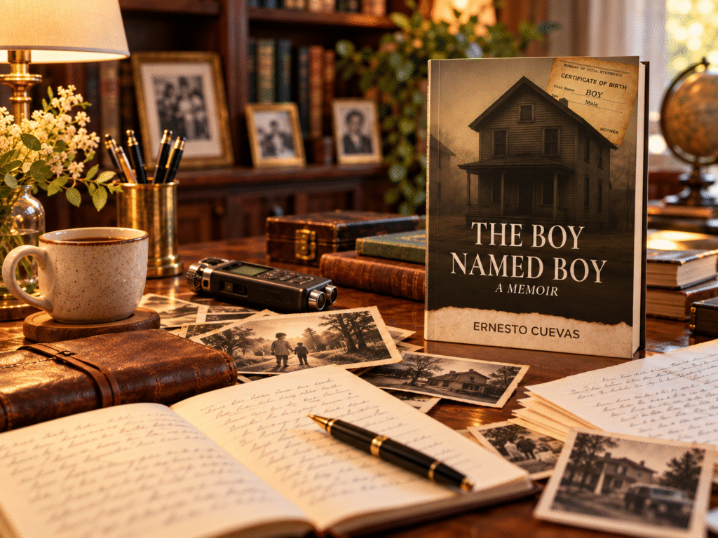 Memoir writing desk with The Boy Named Boy book cover, handwritten notes, vintage family photos, voice recorder, and laptop in a warm study setting