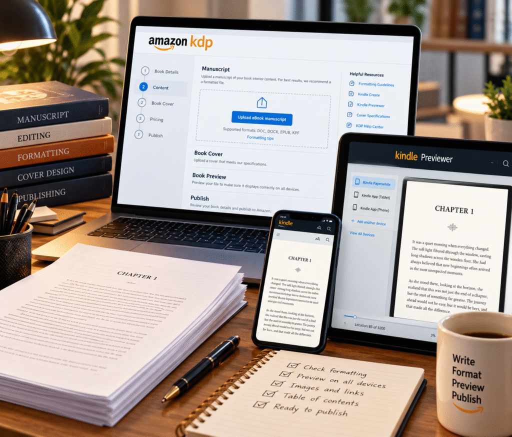 Amazon KDP book details screen showing description, keywords, categories, and pricing setup