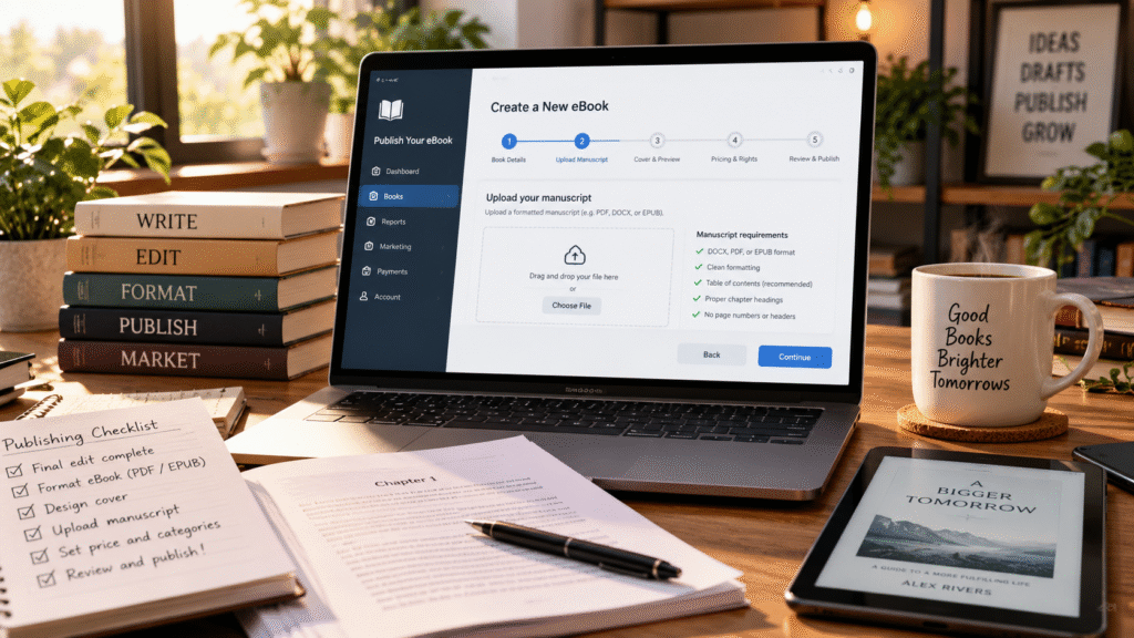Amazon KDP eBook publishing workspace with formatted manuscript and Kindle preview