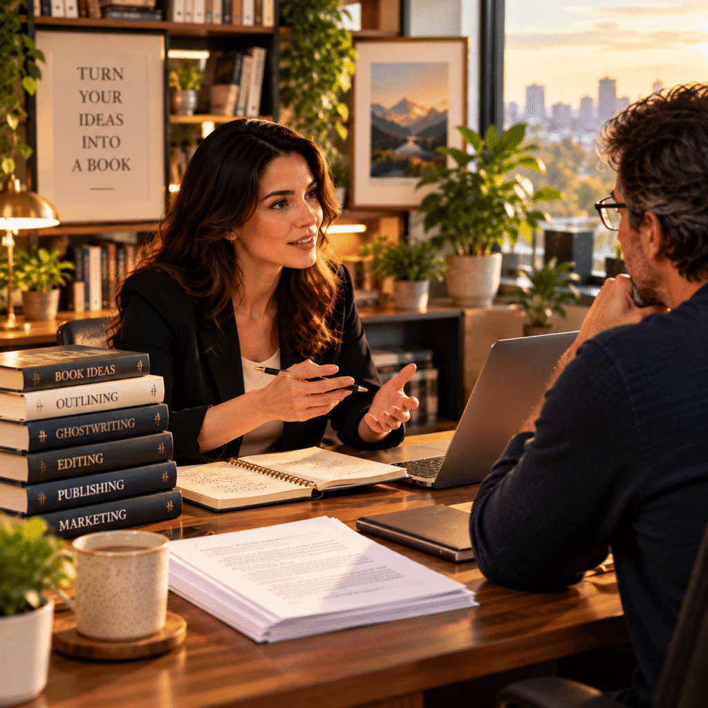 Author discussing a book manuscript with a professional ghostwriter during a publishing consultation