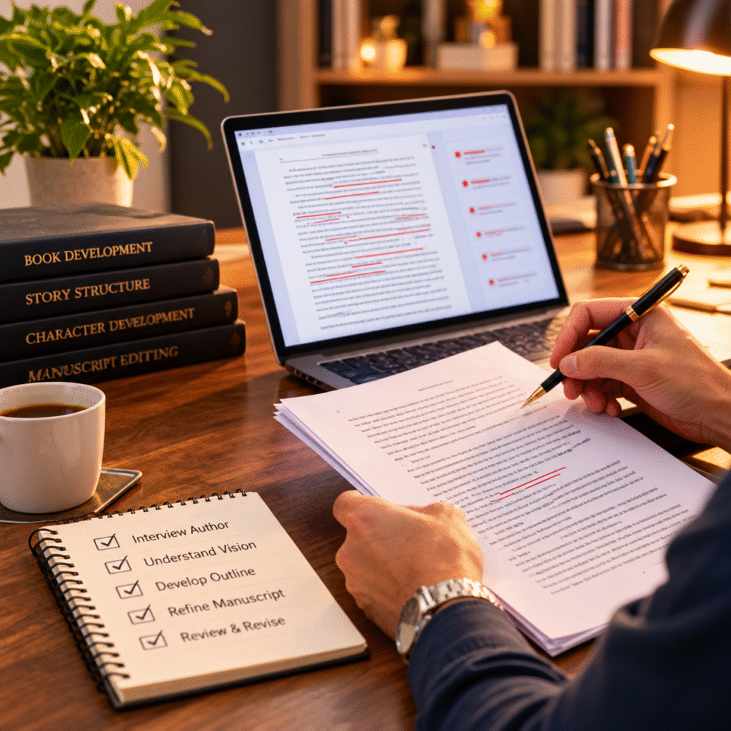 Professional ghostwriter reviewing and revising a book manuscript with editing notes and feedback